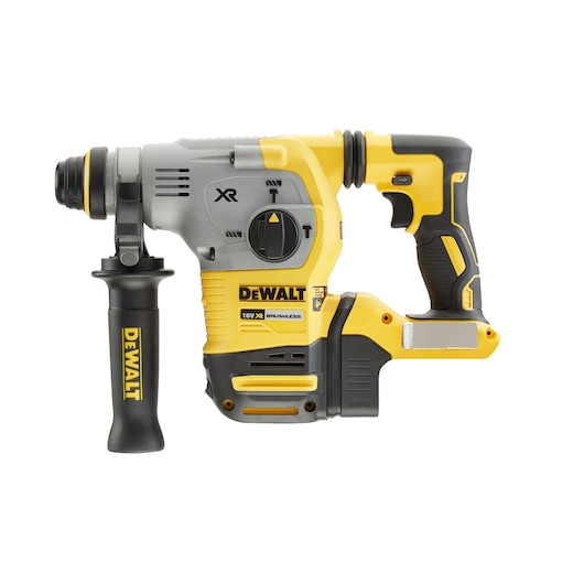 DEWALT 18V XR brushless rotary hammer drill with side handle, shown in yellow and black.
