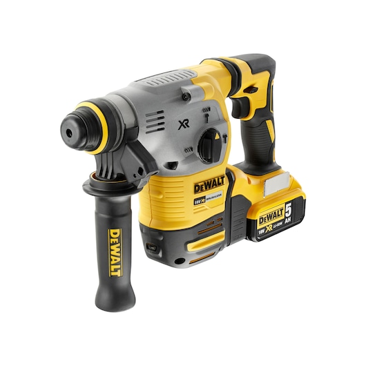 DEWALT DCH283P2 cordless rotary hammer drill with 18V XR battery, yellow and black design, side handle.