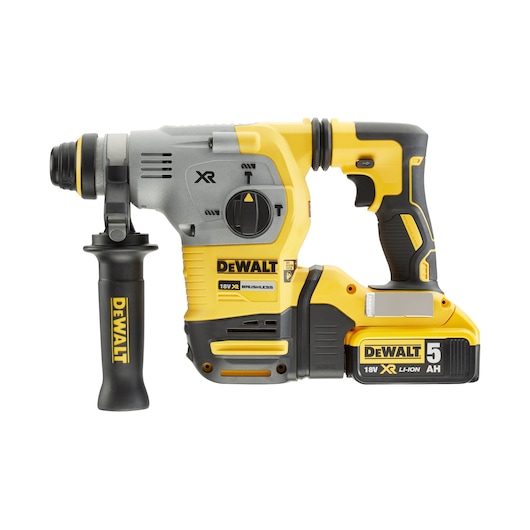 Cordless DEWALT rotary hammer drill, yellow and black, 18V XR model with side handle and 5Ah battery.