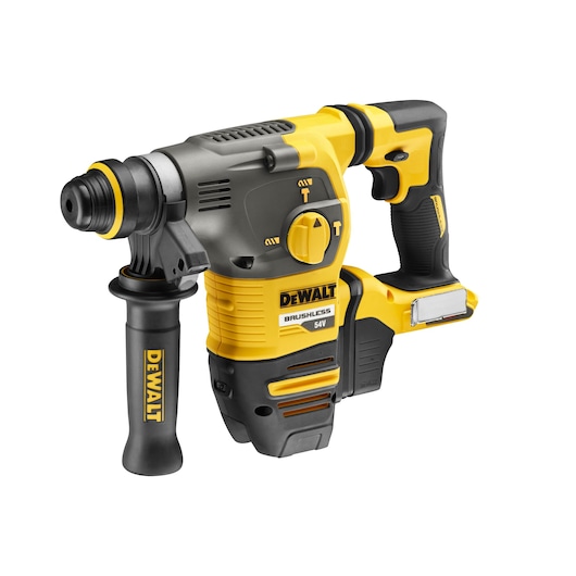 DEWALT cordless rotary hammer drill with handle, yellow and black, battery not attached, model DCH323NT.