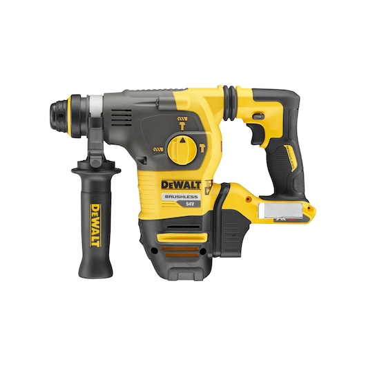 DEWALT 54V cordless rotary hammer drill with side handle, black and yellow, model DCH323NT.