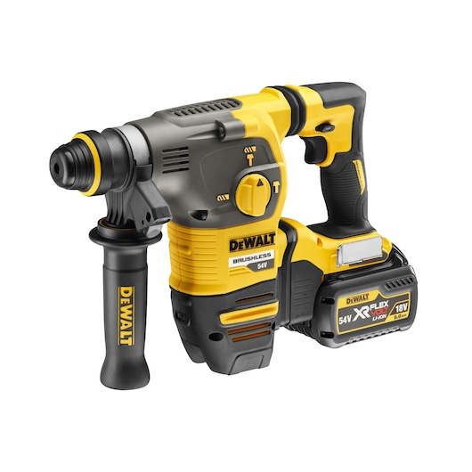 DEWALT cordless rotary hammer drill, yellow and black, with side handle and XR FLEXVOLT Li-Ion battery attached.