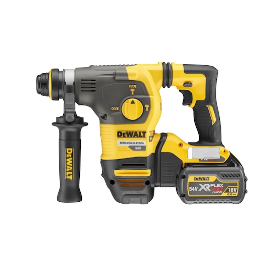 DEWALT cordless rotary hammer drill with side handle and XR FLEXVOLT battery, yellow and black design.