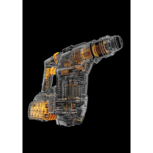 Transparent rendering of a cordless power drill showing internal components, with black background.