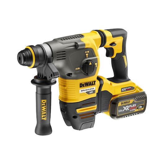 DEWALT cordless rotary hammer drill with side handle and XR FLEXVOLT 54V battery, yellow and black design.