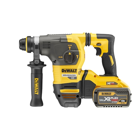 A DEWALT DCH333X2 cordless rotary hammer drill with brushless 54V technology, featuring a black and yellow design, a side handle, and a large rechargeable battery pack.