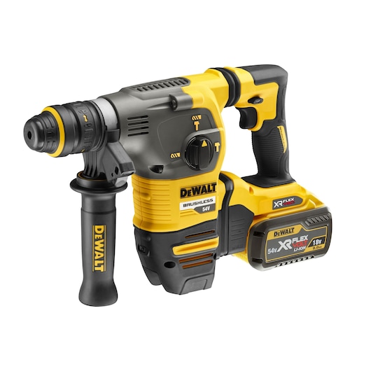 A cordless DEWALT rotary hammer drill with a yellow and black design, featuring a side handle and a detachable XR FLEXVOLT 54V/18V lithium-ion battery.