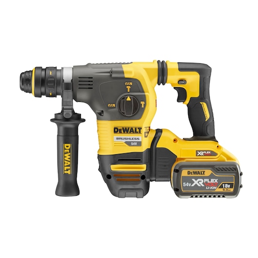 DEWALT DCH334X2 54V cordless rotary hammer drill with side handle and battery, yellow and black.