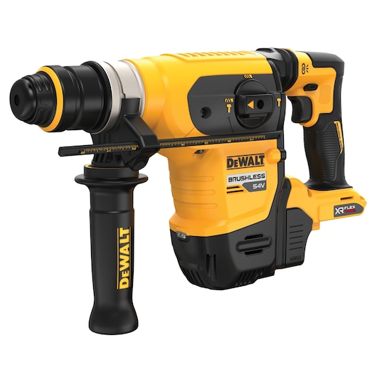DEWALT 54V brushless rotary hammer drill with side handle, XR FLEXVOLT, yellow and black design.