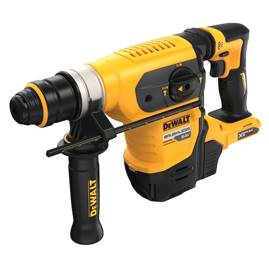 DEWALT 54V yellow and black cordless rotary hammer drill with side handle and brushless motor.