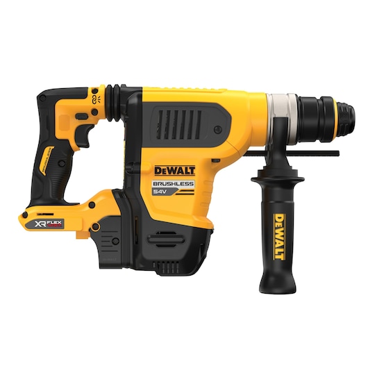 Cordless DEWALT 54V brushless rotary hammer drill with side handle and yellow-black design.