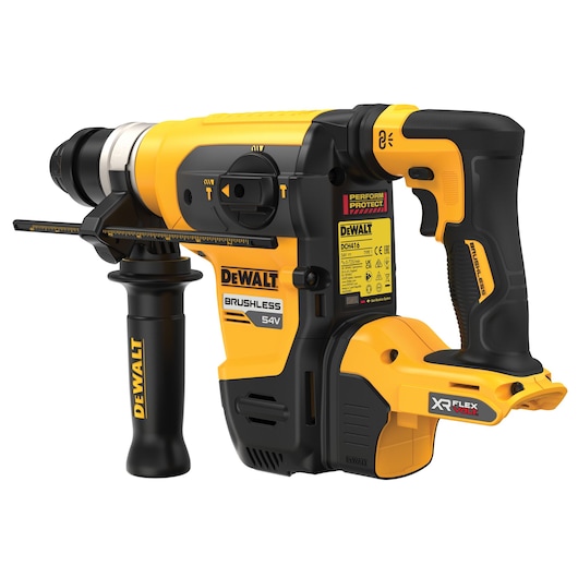 DEWALT 54V brushless rotary hammer drill with side handle, yellow and black, cordless design.