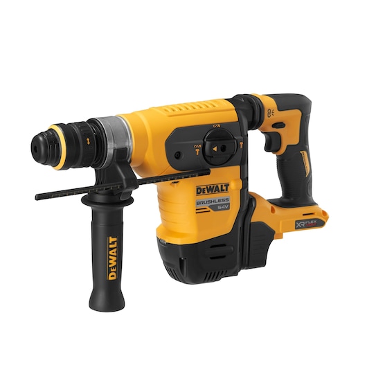 A DEWALT DCH417NT 54V brushless rotary hammer drill with a side handle and depth rod, designed for heavy-duty construction and drilling tasks. The tool is yellow and black with the DEWALT logo.