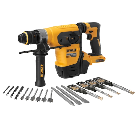 A DEWALT brushless rotary hammer drill, model DCH417NT, displayed with a set of various drill bits and chisels on a white background.