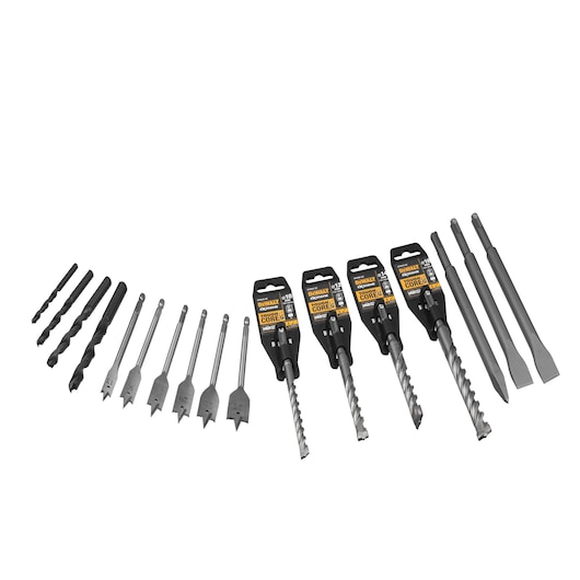 DEWALT drill and chisel bit set with various sizes, arranged in a row on a white background.