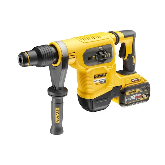 DEWALT cordless rotary hammer drill DCH481N with side handle, yellow and black, 54V battery.