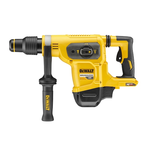 Yellow DEWALT cordless rotary hammer drill with side handle, brushless motor, 54V, XR FLEXVOLT.
