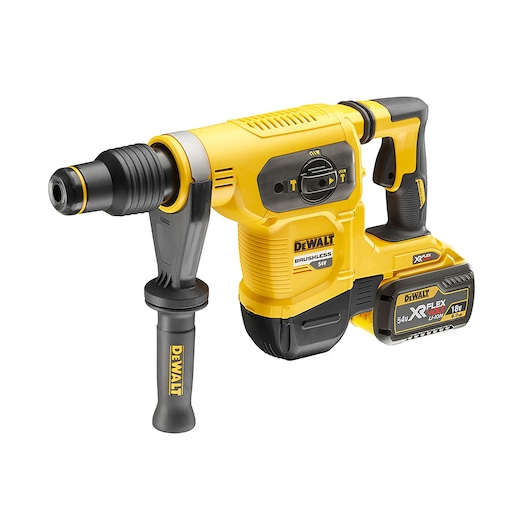 Cordless yellow DEWALT rotary hammer drill with side handle and XR Flexvolt battery, model DCH481X2.