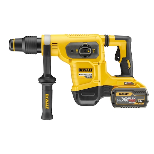 A yellow and black DEWALT cordless rotary hammer drill, model DCH481X2, with a side handle and an XR FLEXVOLT lithium-ion battery attached.