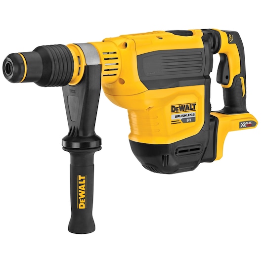 DEWALT DCH614N brushless 54V rotary hammer drill with side handle, yellow and black body.