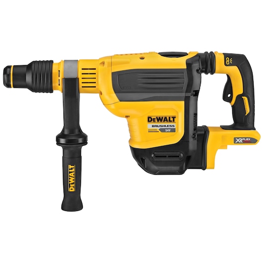 DEWALT cordless rotary hammer drill, yellow and black with side handle, model DCH614N, construction tool.
