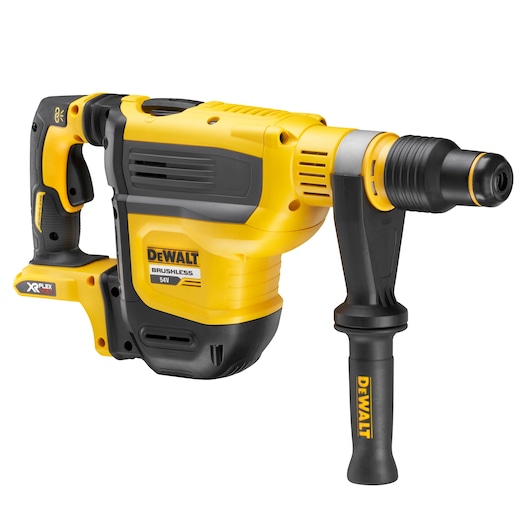 DEWALT DCH614N cordless rotary hammer drill with side handle, yellow and black, product on white background.