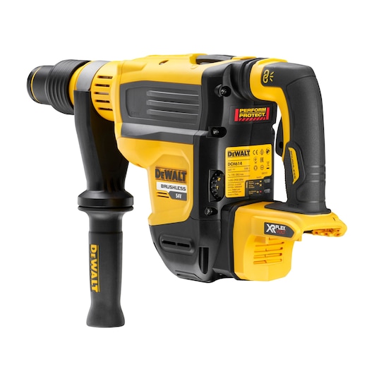 DEWALT DCH614N 54V cordless rotary hammer drill with side handle, yellow and black design.