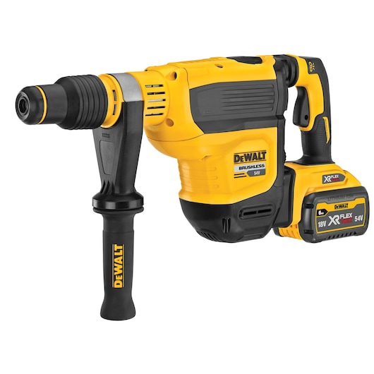 DEWALT cordless rotary hammer drill with brushless motor and handle, featuring 54V XR FLEXVOLT battery.