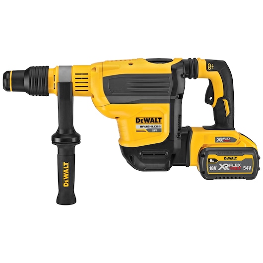 DEWALT cordless rotary hammer drill, yellow and black, with side handle and XR FLEXVOLT battery.