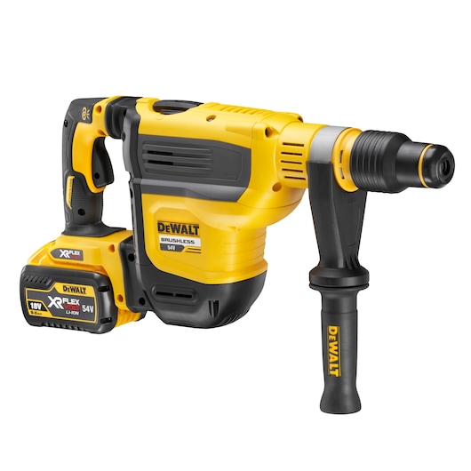 DEWALT cordless rotary hammer, yellow and black, with XR FLEXVOLT battery and side handle.