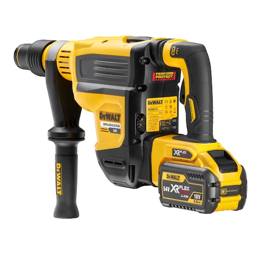 DEWALT DCH614X2 cordless rotary hammer drill with 54V XR FLEXVOLT battery, yellow and black design.