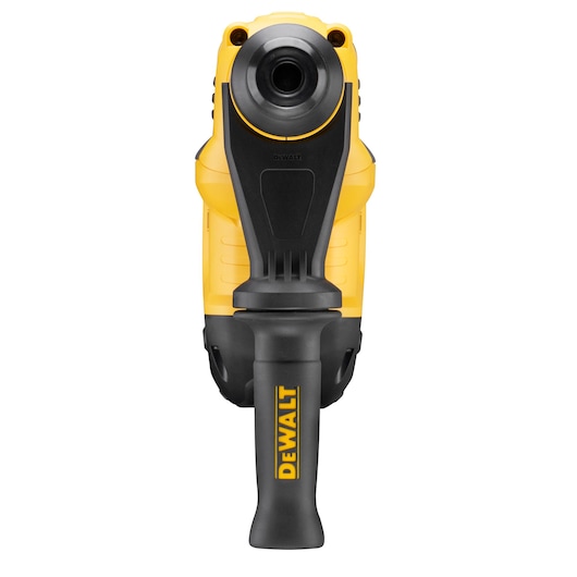 Front view of a DEWALT DCH614X2 power tool with yellow and black handle on a white background.