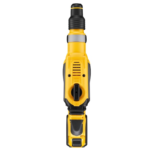 Top view of a yellow DEWALT cordless rotary hammer drill with black and grey accents.