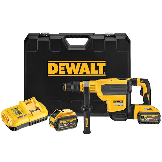 DEWALT rotary hammer kit with drill, charger, two batteries, and carrying case, shown on white background.