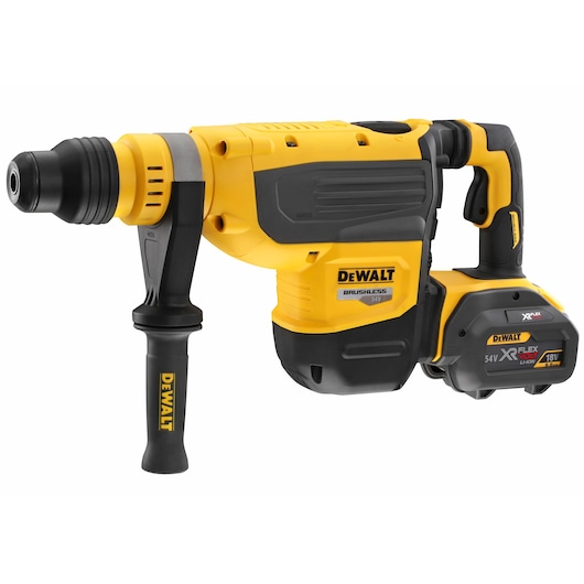 DEWALT cordless rotary hammer drill with XR FLEXVOLT battery, yellow and black design.
