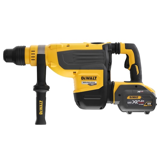 DEWALT cordless rotary hammer drill with side handle and battery, shown in yellow and black.