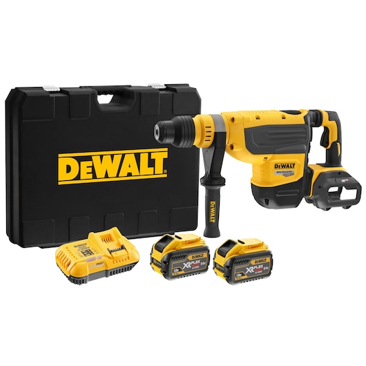 DEWALT hammer drill set with case, charger, two batteries, and drill in yellow and black.