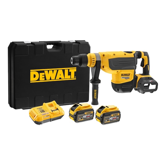 A DEWALT cordless rotary hammer drill set including a yellow and black hammer drill, a black carrying case, two batteries, and a charger.