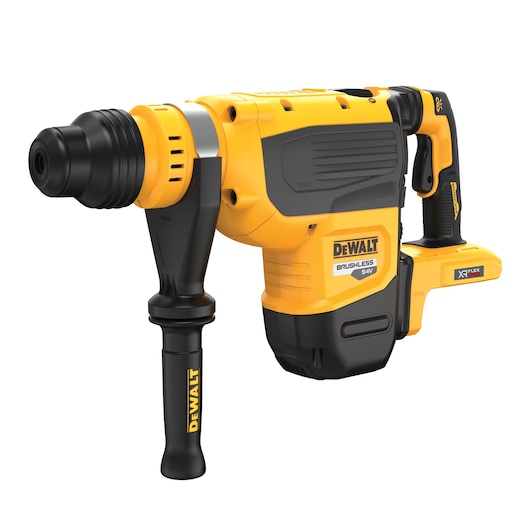 A DEWALT branded cordless rotary hammer drill, model DCH735N, featuring a yellow and black design with a side handle and brushless 54V motor.