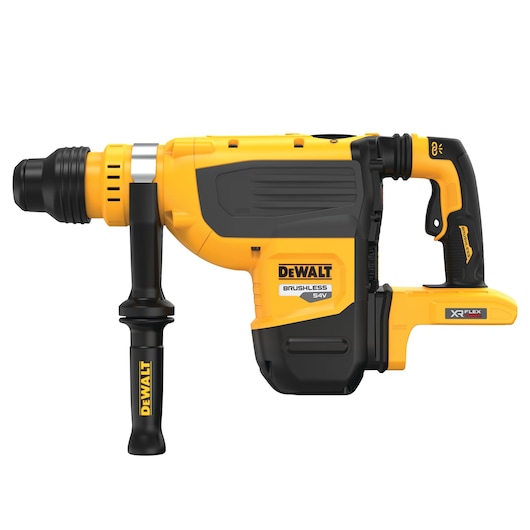 Side view of a DEWALT DCH735N 54V brushless cordless rotary hammer drill, featuring a yellow and black body with an auxiliary handle and labeled XR FLEXVOLT.
