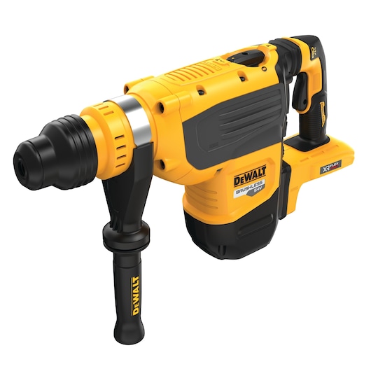 A yellow and black cordless rotary hammer drill branded DEWALT, featuring a side handle and robust design.