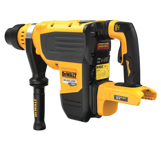A DEWALT 54V XR FLEXVOLT brushless rotary hammer drill with a side handle and pistol grip, shown in yellow and black, designed for heavy-duty construction work.