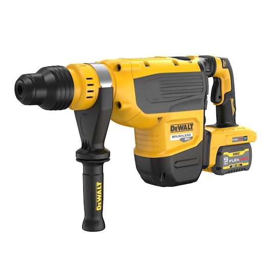 A yellow and black DEWALT cordless brushless rotary hammer drill with a side handle and a detachable battery pack.