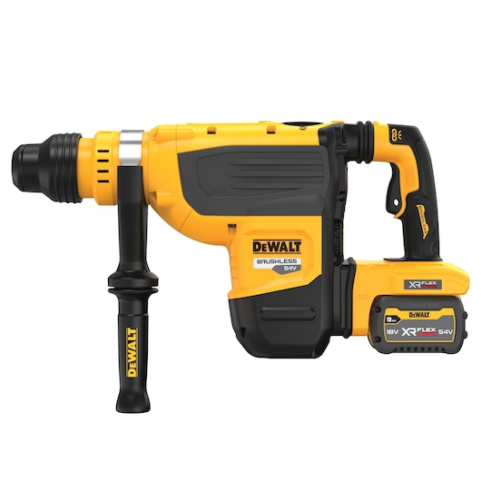 A DEWALT branded cordless brushless rotary hammer drill, model DCH735X2, featuring a yellow and black design with a side handle and a 54V XR FlexVolt lithium ion battery.