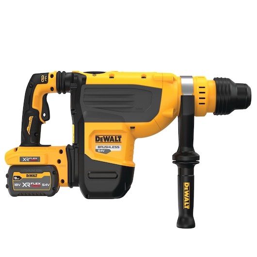 DEWALT cordless rotary hammer drill with a side handle and brushless motor, featuring a yellow and black design and an XR FLEXVOLT 54V lithium-ion battery.