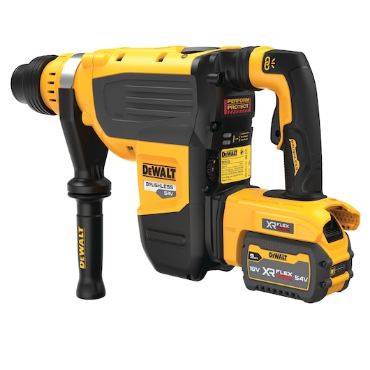 A DEWALT cordless rotary hammer drill with a yellow and black design, featuring a brushless motor and XR FLEXVOLT 54V lithium-ion battery.