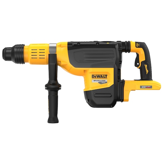 DEWALT brushless rotary hammer drill with handle, yellow and black, side view.