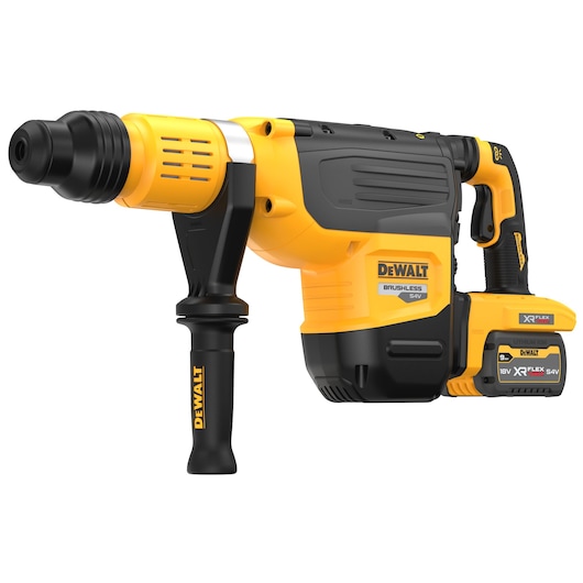 A yellow and black DEWALT brushless cordless rotary hammer drill, model DCH775X2, with an XR FLEXVOLT lithium-ion battery attached and a side handle.
