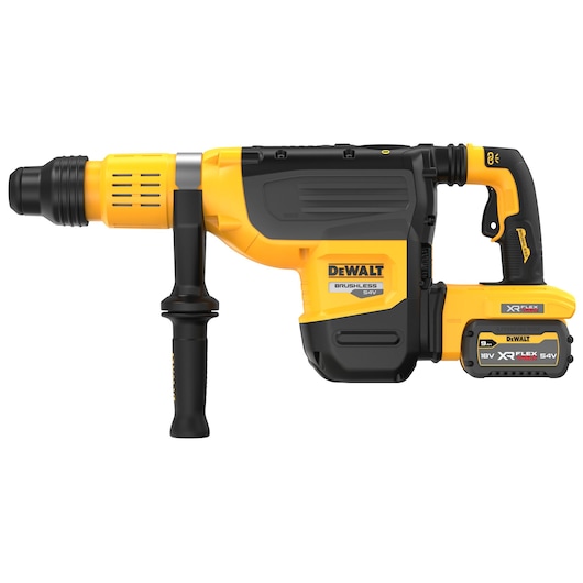 A yellow and black DEWALT cordless rotary hammer drill with brushless motor, model DCH775X2, featuring a side handle and an 18V/54V XR FLEXVOLT battery attached.