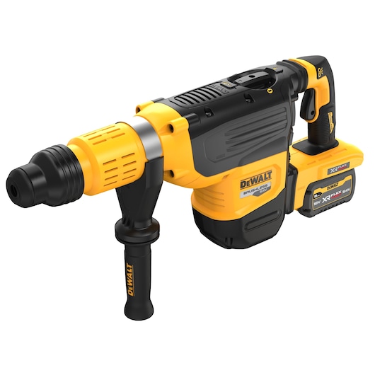 A DEWALT cordless rotary hammer drill with a yellow and black design, featuring a side handle and a 54V XR FLEXVOLT battery attached.